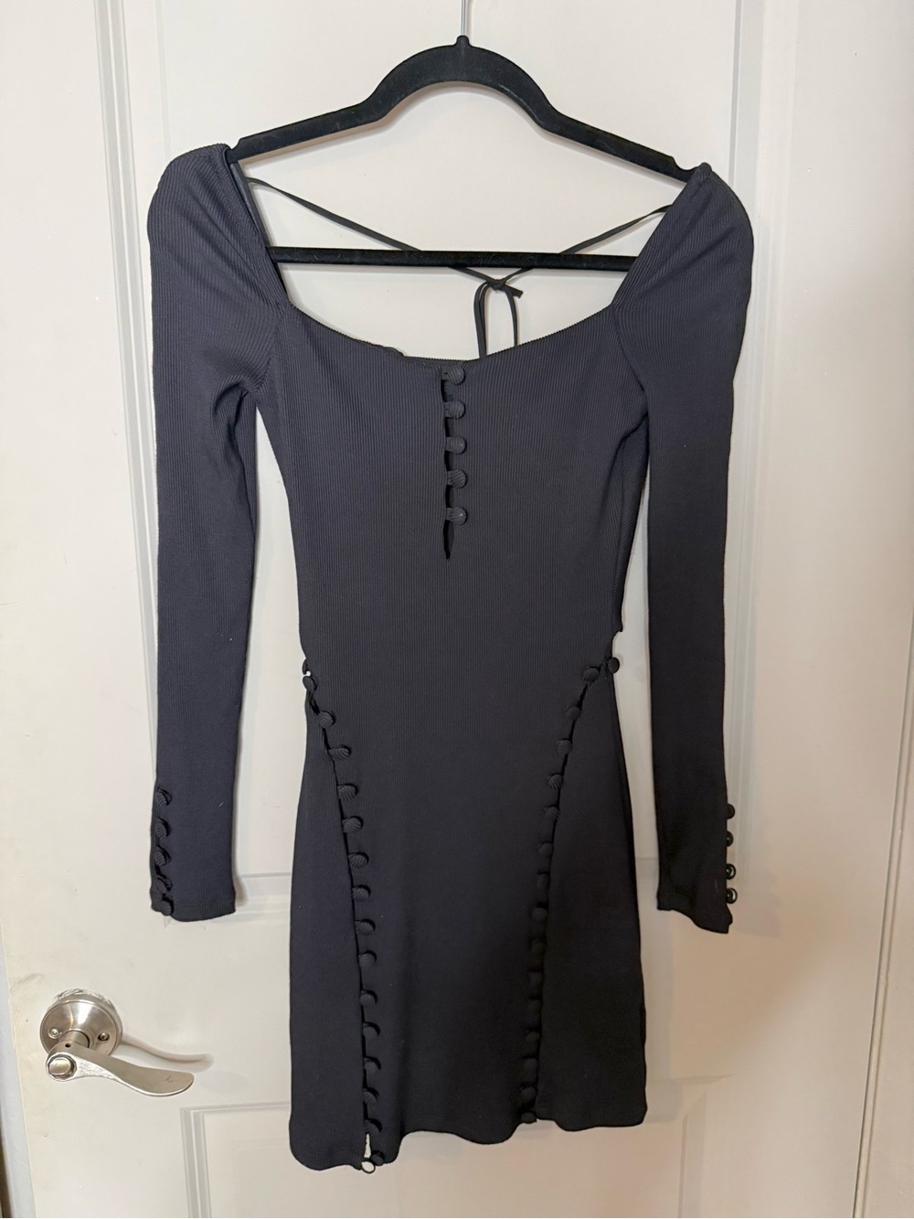 Hours black ribbed body-con mini dress long sleeve side button cut out detail